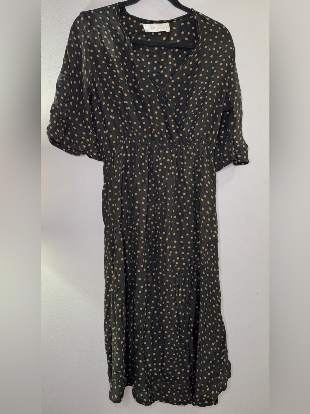 Natalie Martin Black Maxi Dress with Tan Polka Dots Front Slit Sz S